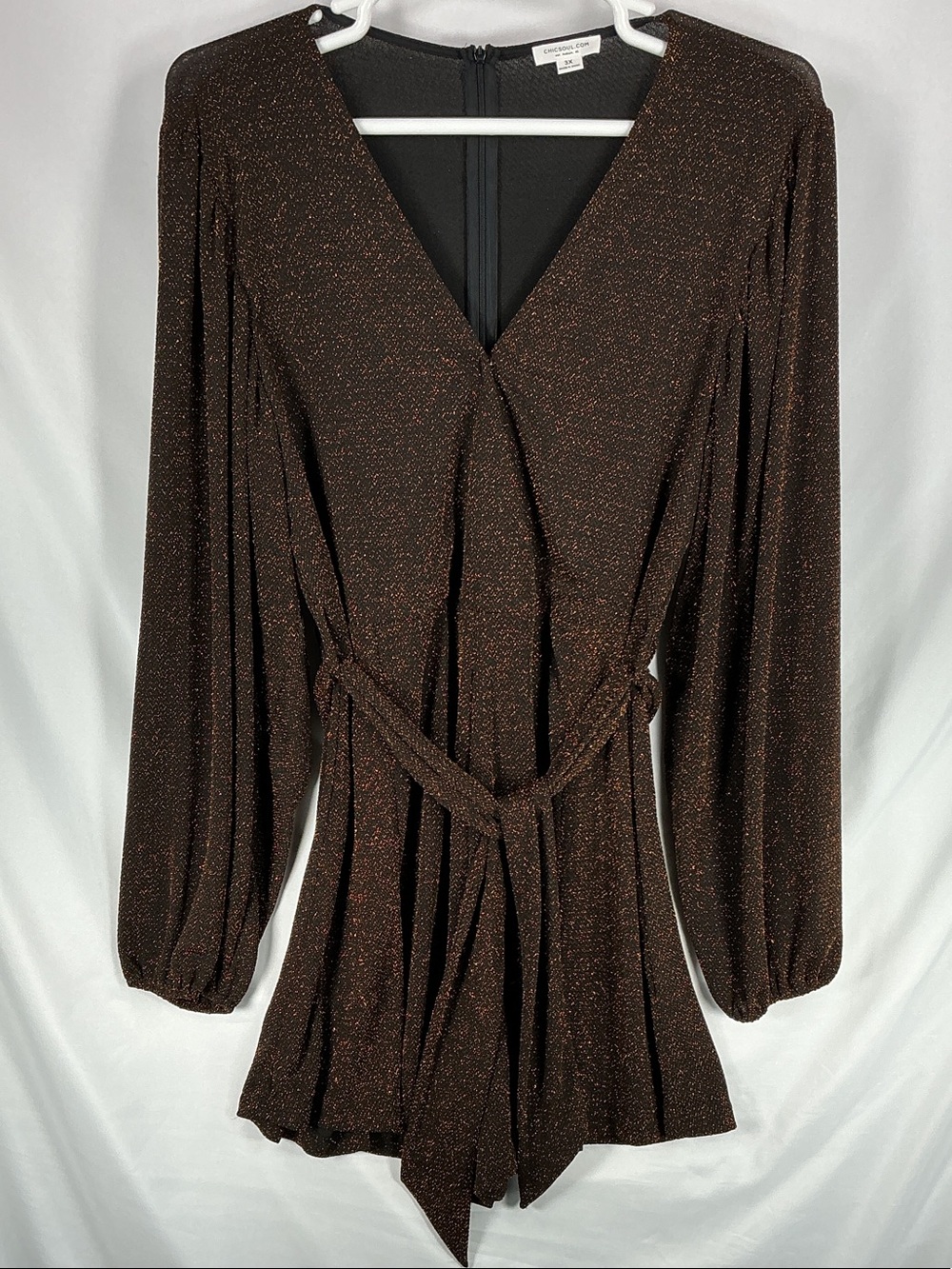 Chic Soul Brown Metallic Long Sleeve Belted Romper V-Neck Sparkle Plus Size 3X
